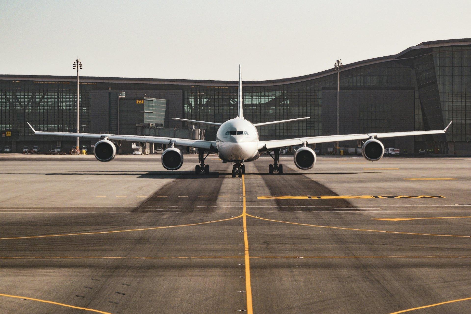 Wide-body aircraft parked on an airport apron